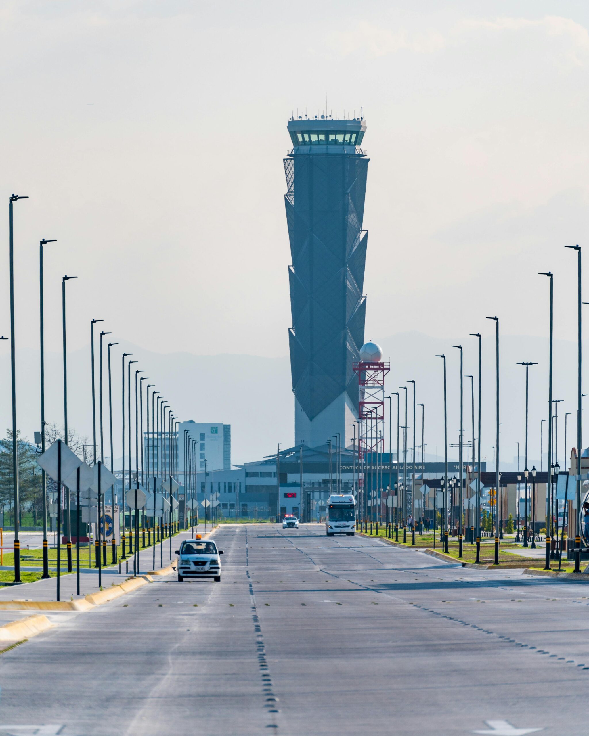 A street view of Felipe Angeles Airport's control tower in Zumpango, Mexico.